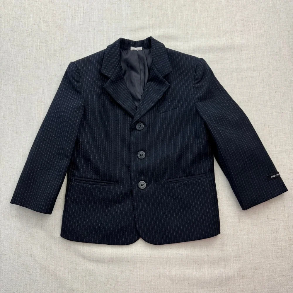 Claiborne Boys Navy Blue Pinstripe Blazer Jacket Sz 4/4T Formal Wedding Dressy